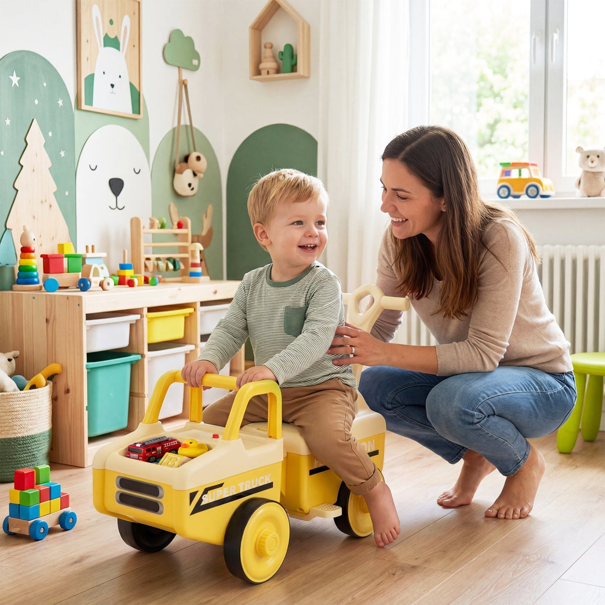 GBruno Store 4-in-1 ride-on push car with music, storage compartment, and sturdy wheels for young children to enjoy outdoor play.