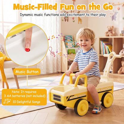GBruno Store 4-in-1 ride-on push car with music, storage compartment, and sturdy wheels for young children to enjoy outdoor play