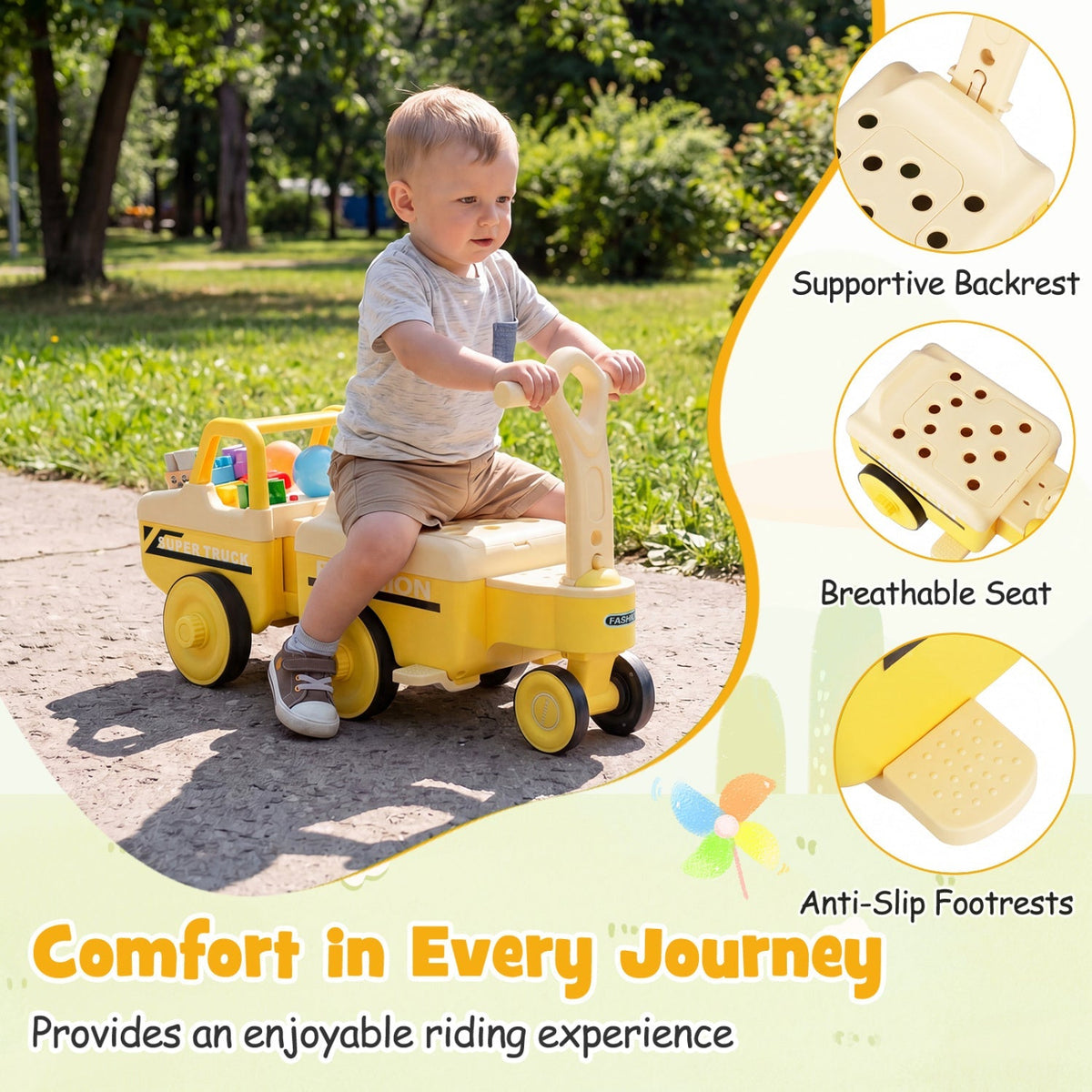 GBruno Store 4-in-1 ride-on push toy with music, storage compartment, and adjustable seat for young children.