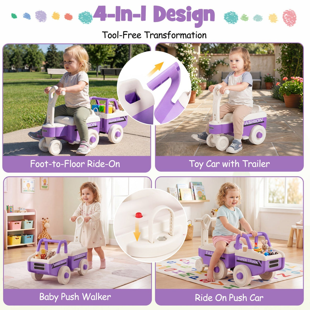 GBruno Store 4-in-1 ride-on push car for kids with music, storage, and adjustable features, suitable for toddlers.