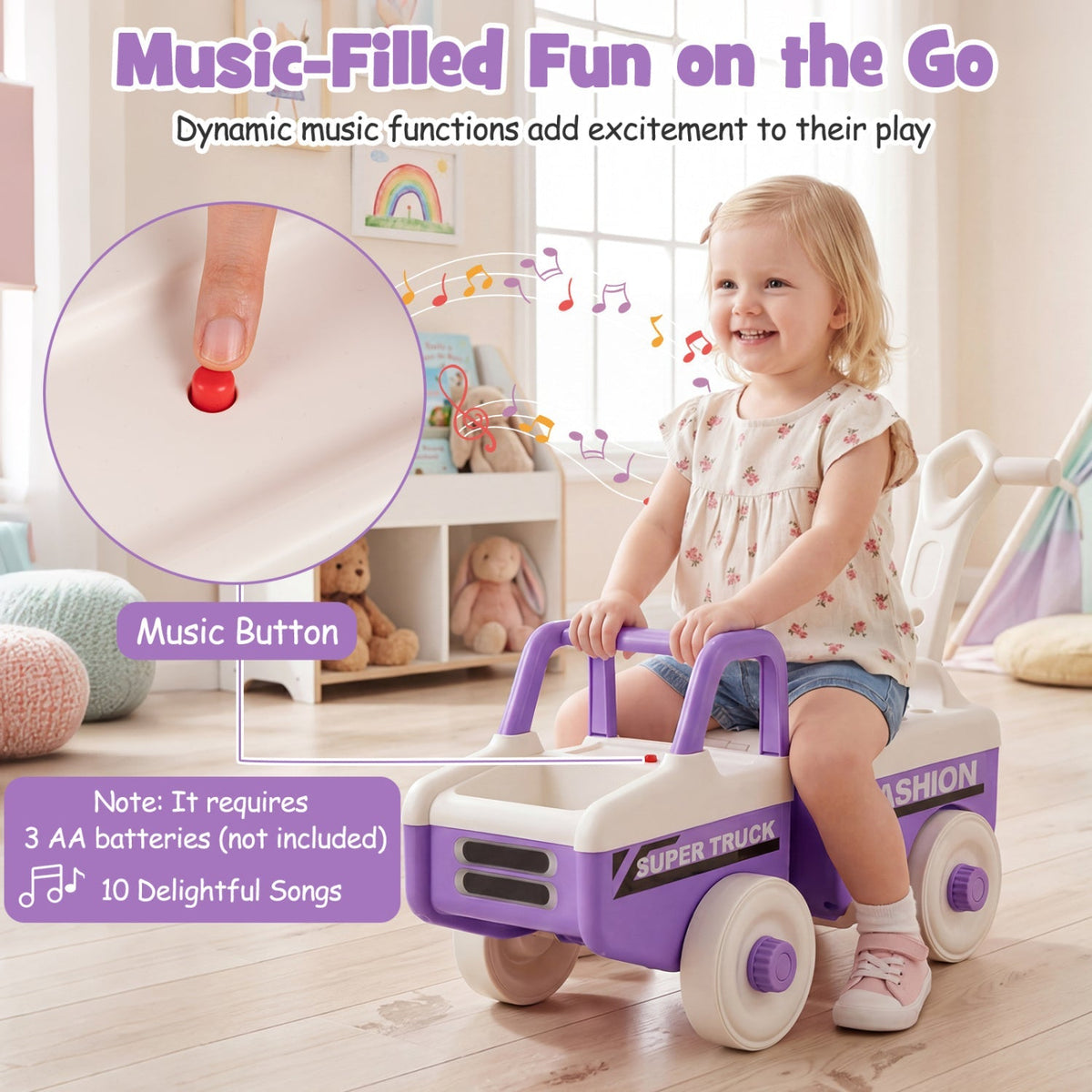 GBruno Store 4-in-1 ride-on push car with music, storage, and adjustable features for young children.