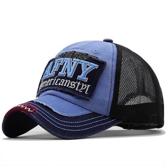 American retro distressed washed patchwork lettered baseball cap with frayed curved brim and breathable netted visor