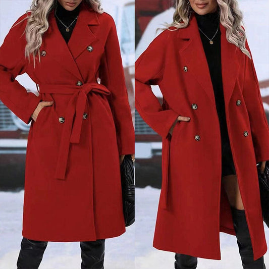 Women's double-breasted trench coat with lapel collar, belt, solid color, and long winter jacket design