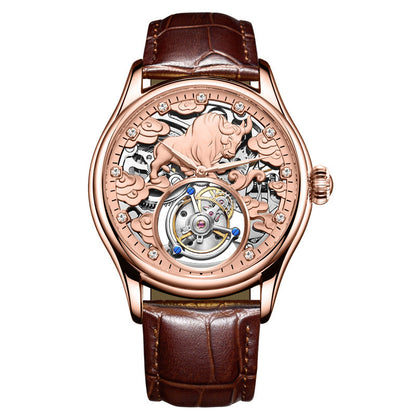 Double-sided gemstone glass mechanical watch with visible gears and decorative detailing