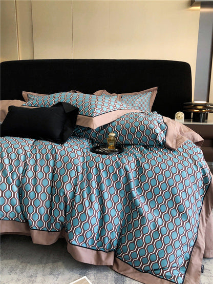 Long-staple cotton printed four-piece bedding set in soft cotton fabric, featuring a coordinating patterned design