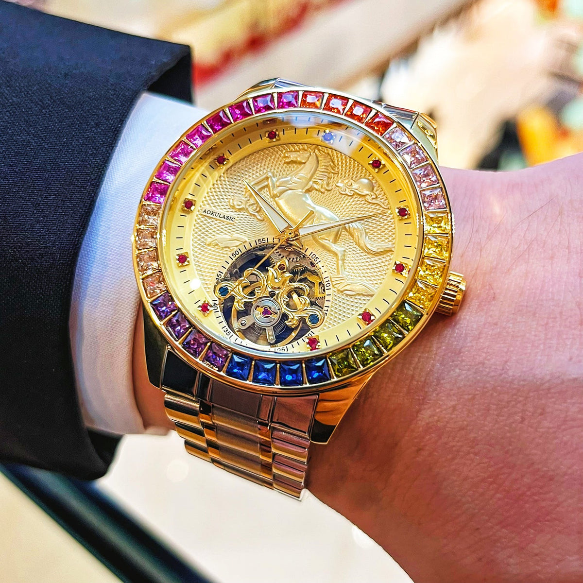Men's fully automatic mechanical watch with large flywheel, My Store brand, close-up product view