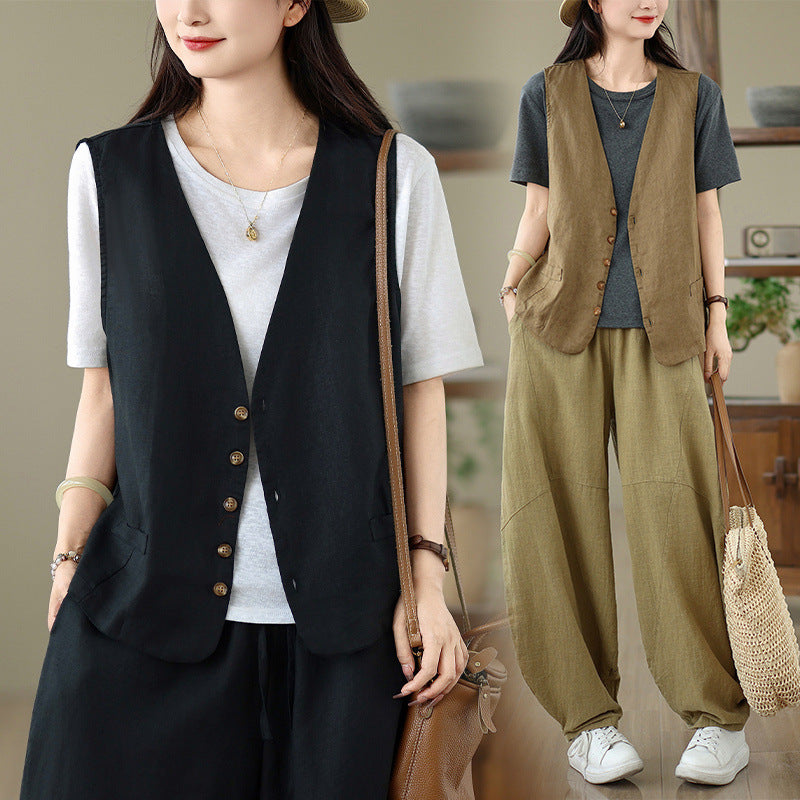 Women's summer artistic cardigan outer vest in lightweight layered design