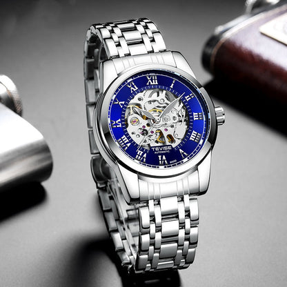 Waterproof men's automatic mechanical watch with minimalist hollow dial and luminous hands