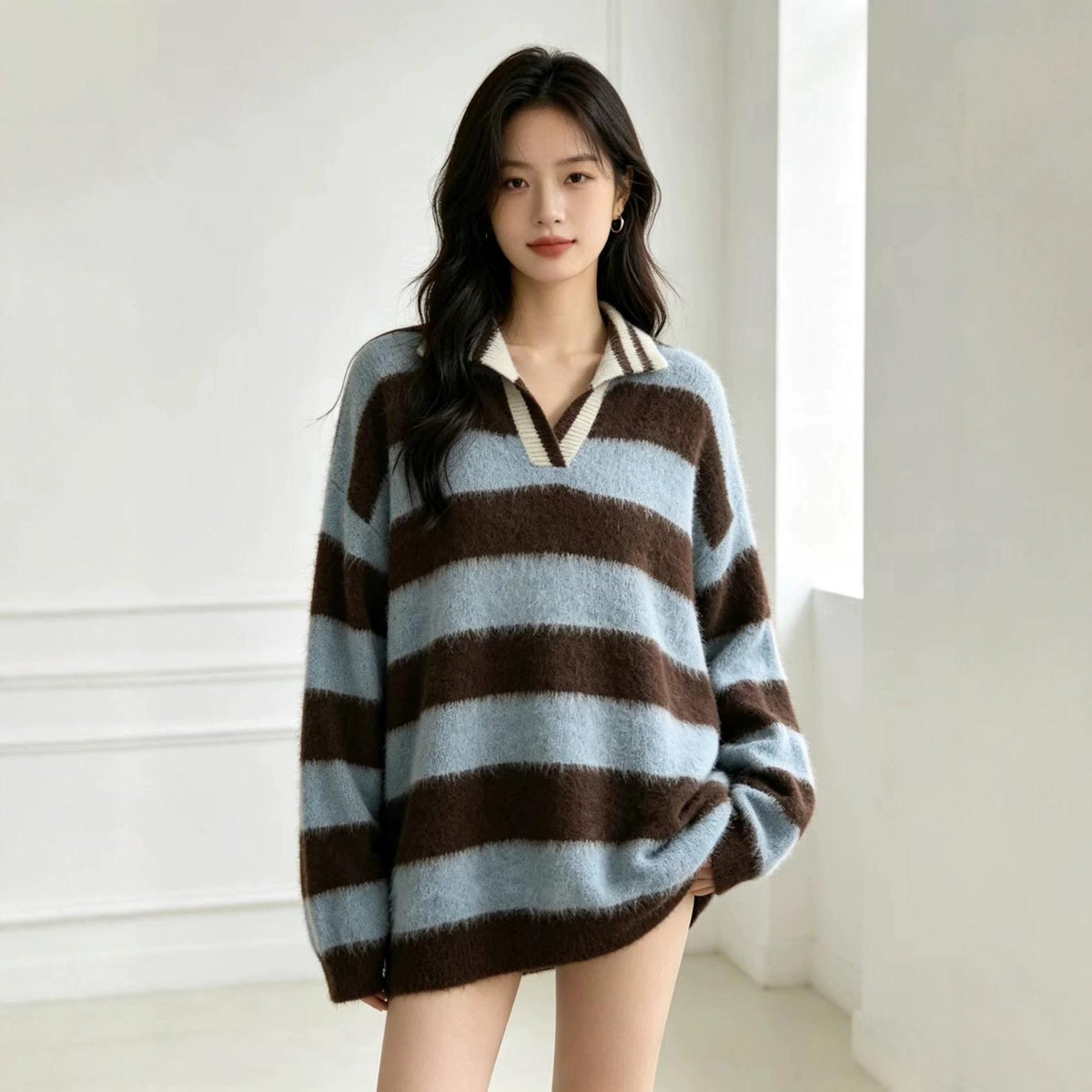 Women's retro color-block striped off-shoulder pullover sweater with lapel collar and long sleeves