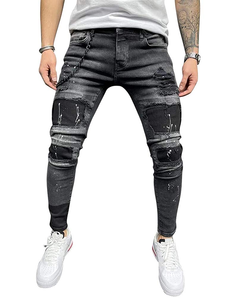 Black IDEALSANXUN men's ripped stretch skinny jeans by BACKUPMYFILESNOW® with distressed details and a tight fit.