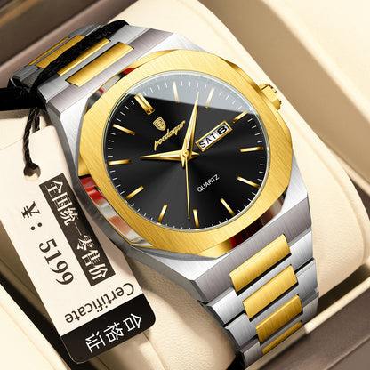 Men's waterproof luminous quartz watch with black dial and stainless steel band