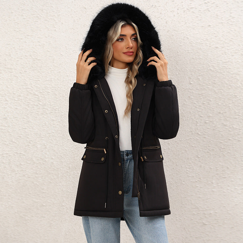 Women's fleece-lined mid-length hooded cotton padded jacket in a warm, practical design