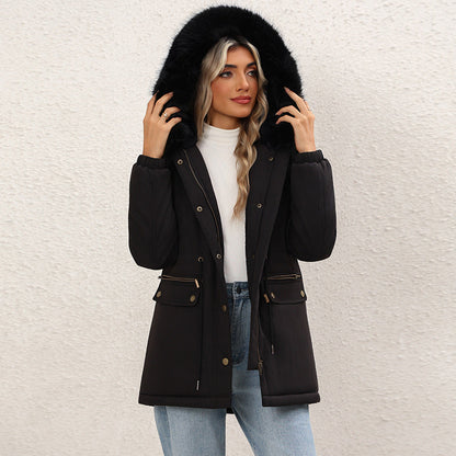 Women's fleece-lined mid-length hooded cotton padded jacket in a warm, practical design