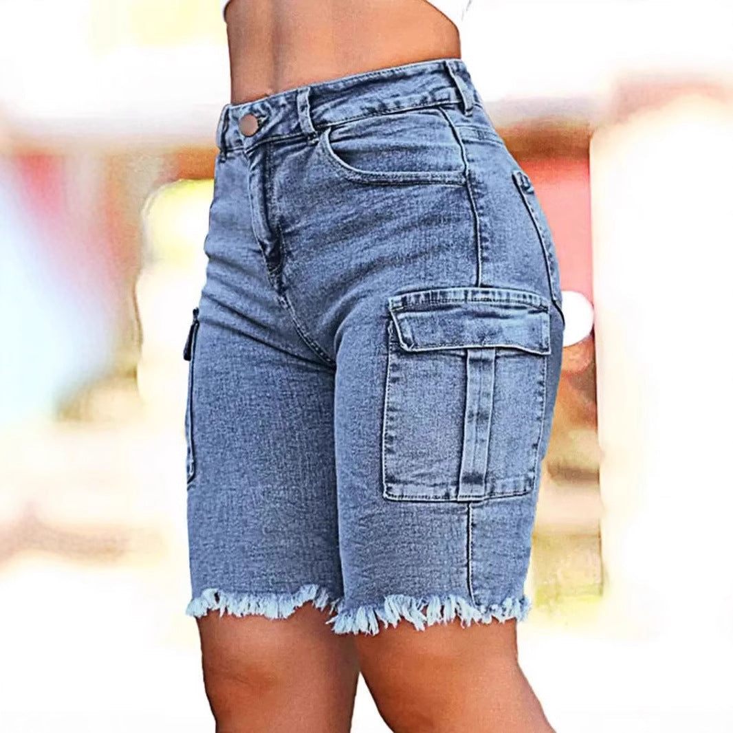 Stretch-washed high-rise denim shorts with side pockets and high stretch fabric