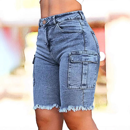 Stretch-washed high-rise denim shorts with side pockets and high stretch fabric