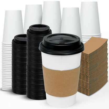 Ginkgo 100 Pack 16 oz Disposable Coffee Cups with Lids and Sleeves - To Go Paper Coffee Cups for Hot Drinks Chocolate Cocoa and Coffee Bar