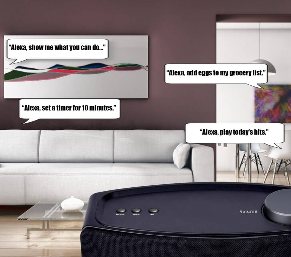Naxa Wi-Fi and Bluetooth multi-room speaker with Amazon Alexa voice control, showing a sleek black speaker with control buttons.