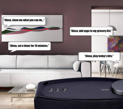 Naxa Wi-Fi and Bluetooth multi-room speaker with Amazon Alexa voice control, showing a sleek black speaker with control buttons.