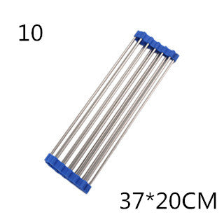 Folding stainless steel kitchen drain sink rack, unfolded over a sink for drying dishes and produce