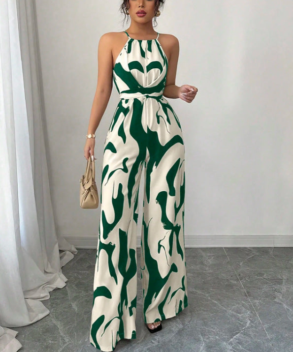 European and American style milk-pattern halter neck jumpsuit with tie-back open back for women