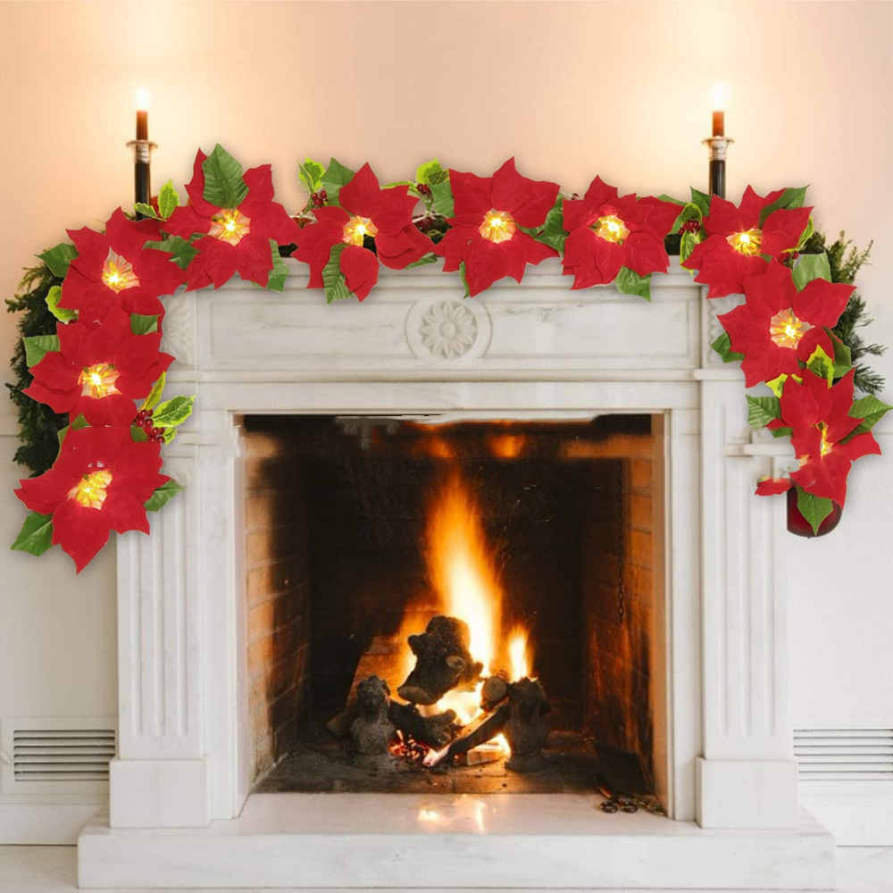 Red flower string lights decorating a door frame and escalator; decorative lighting display
