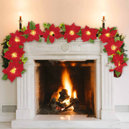 Red flower string lights decorating a door frame and escalator; decorative lighting display