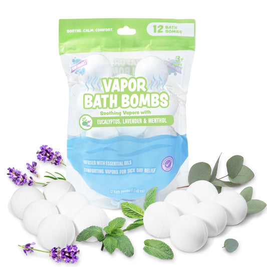 Kids' Soothe & Play Vapor Bath Bombs 12-pack from BACKUPMYFILESNOW® with natural eucalyptus and lavender scents, colorful bath bombs.