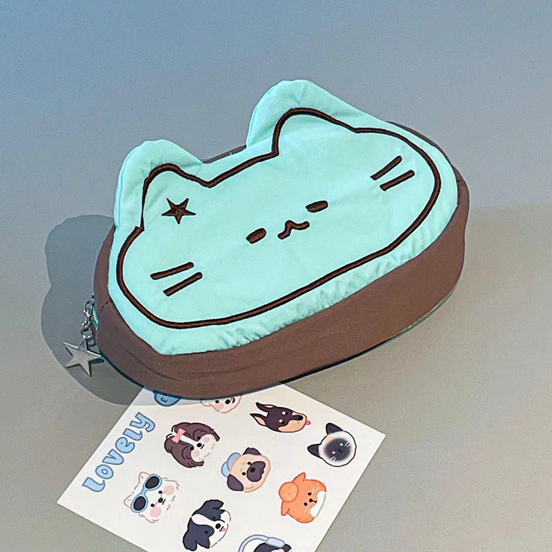 Cute caramel cat pencil case with cartoon design, featuring a good-looking cat illustration