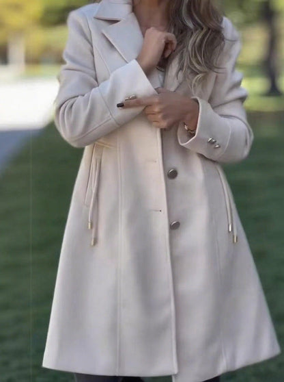 Women’s solid-color mid-length wool coat with drawstring waist and pockets, front view