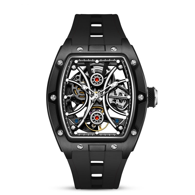 Waterproof luminous barrel men's watch with a dark dial and glowing hour markers
