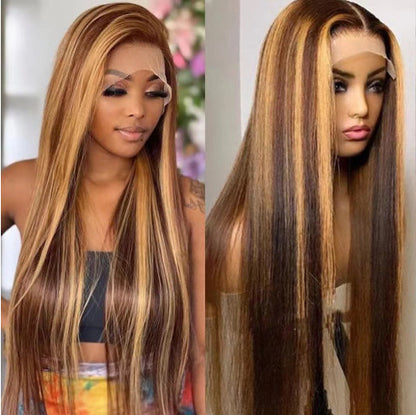 Women's colored medium-length straight wig, shown from the front with sleek hair strands and natural-looking volume