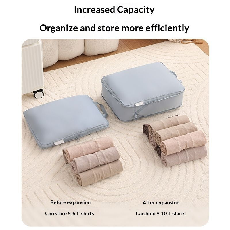 Six-piece compressible travel storage bags and packing cubes set for compartmentalized luggage organization