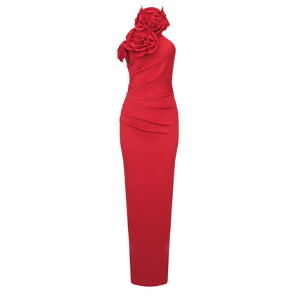 White ribbon flower halter long dress with elegant high-sense style detailing