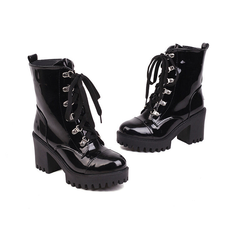 Patent leather chunky-heel riding boots with thick sole front, side view