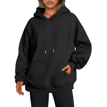 Women's solid-color loose-fit drop-shoulder hooded sweatshirt in a simple casual style