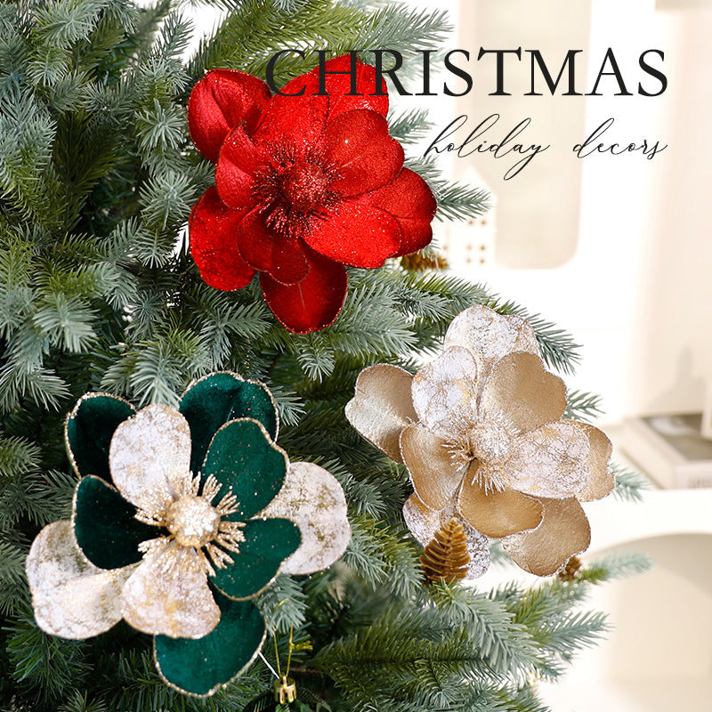 Christmas flower ornaments for festive tree decorations, featuring colorful floral accents and holiday details