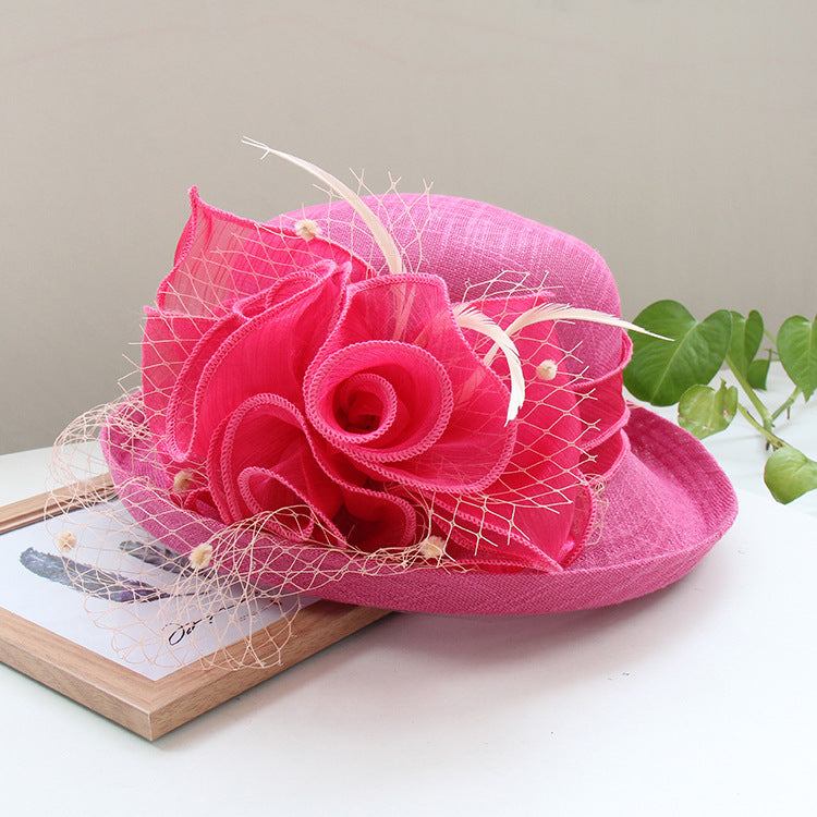 Banquet flower top hat with curled brim sun hat featuring decorative flowers on the crown