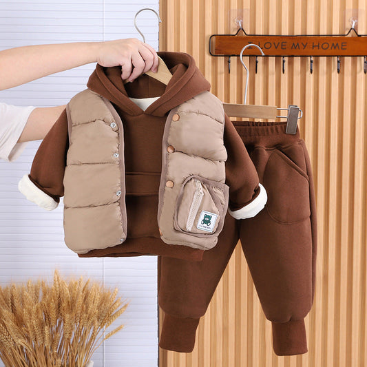 Boys' autumn fleece-lined three-piece suit set, featuring a jacket, vest, and trousers by My Store