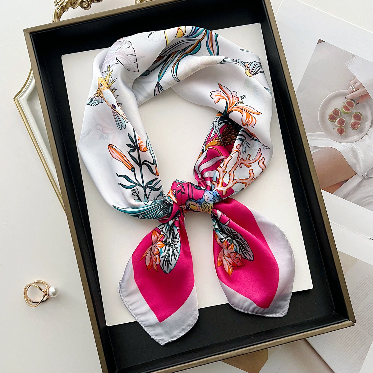 Sun-protective floral silk beach scarf with colorful botanical pattern