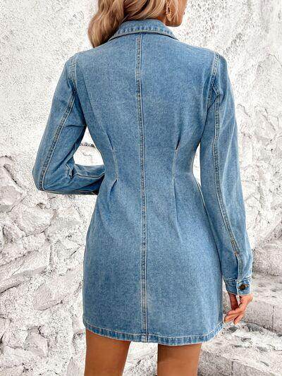 Long sleeve denim dress for women with front pockets and button-up design, by Trendsi, casual and stylish for everyday wear.