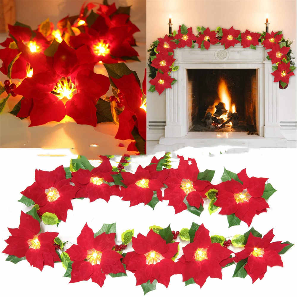 Red flower string lights decorating a door frame and escalator, decorative lighting display