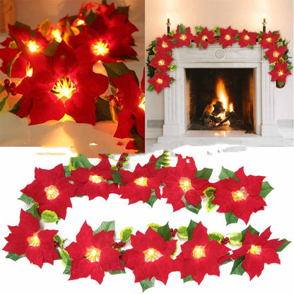 Red flower string lights decorating a door frame and escalator, decorative lighting display