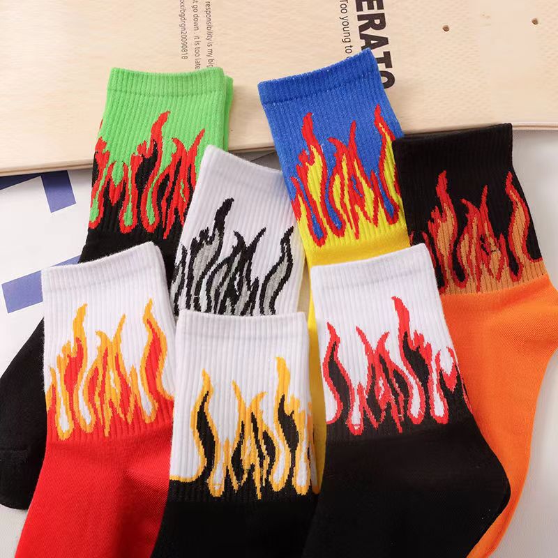 Flame-patterned mid-calf socks in street-style influencer fashion design