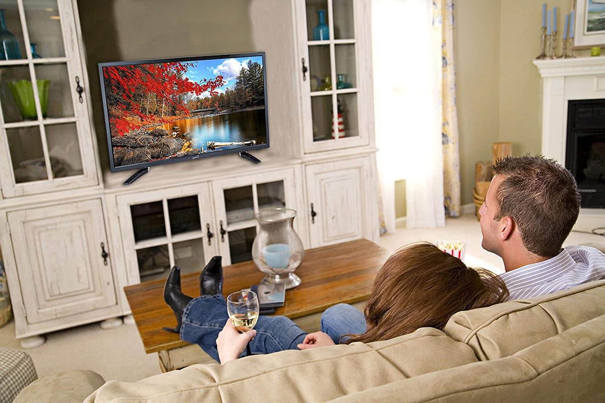 Supersonic 24-inch 12V LED HDTV with USB, SD card reader, HDMI port, widescreen display, and AC/DC compatibility.