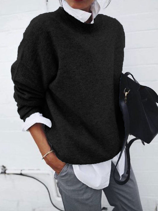 Women's solid-color long sleeve knitted pullover sweater for fall and winter fashion