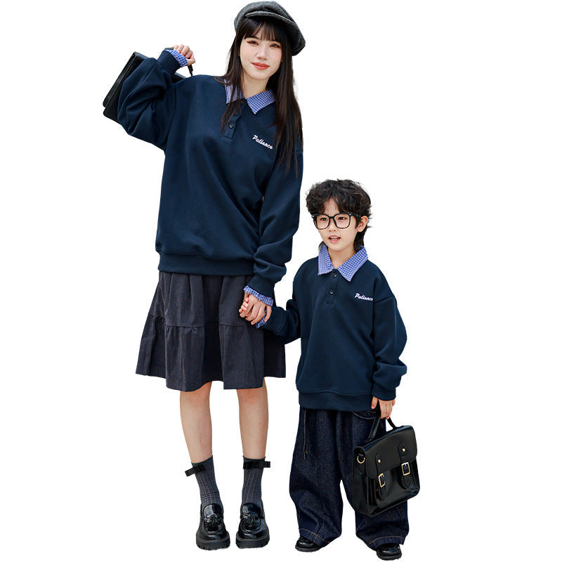 Retro parent-child plaid patchwork shirt-collar hoodie faux two-piece pullover top outfit