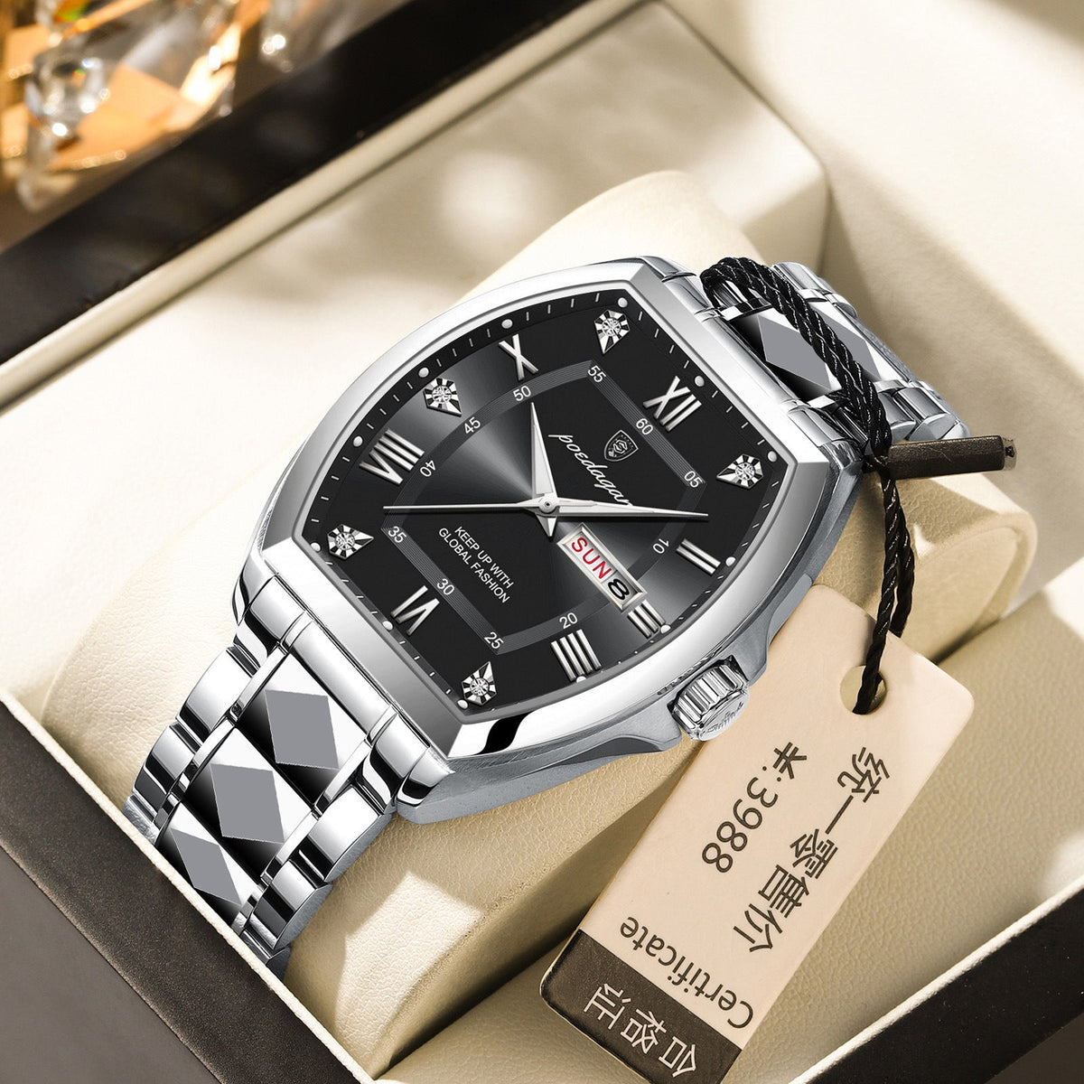 Waterproof luminous barrel-shaped quartz men's watch with a sleek case and visible analog dial