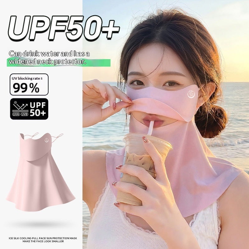 Women's half-face breathable UV-protective sun mask in black fabric with ear loops.