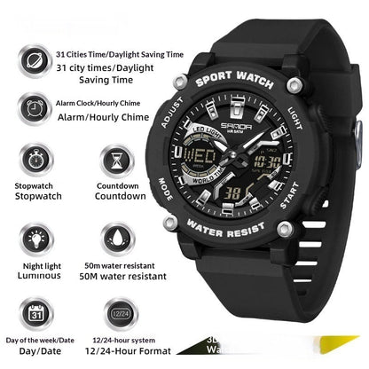 Students dual-display luminous chronograph watch for hiking, digital and analog face with illuminated details