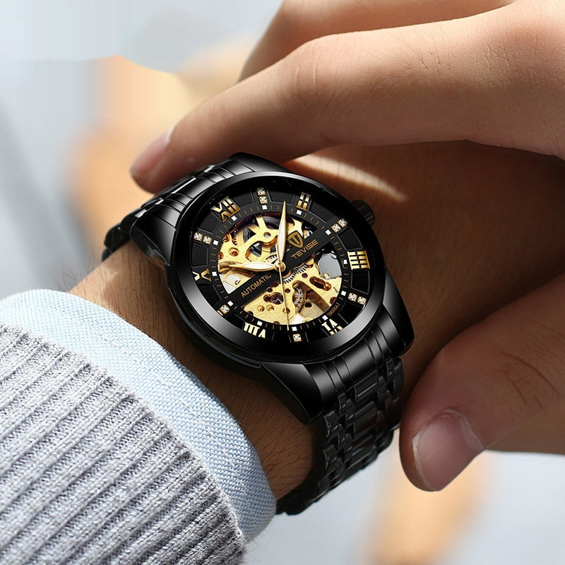Mechanical watch with hollowed-out steel bracelet, silver-tone case and exposed movement dial